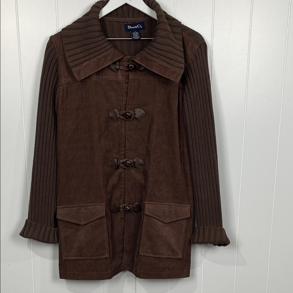 Denim & Co Womens Sweater/Jacket S Chocolate Brown Corduroy & Knit Pockets EUC